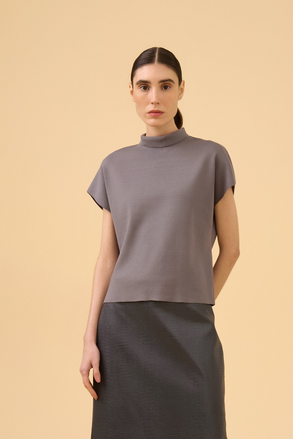 Blusa Manga Japonesa Gola Alta Em Tricot Light Gray