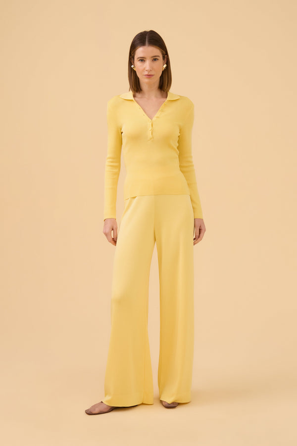 Calça Pantalona Em Tricot Amarelo Claro