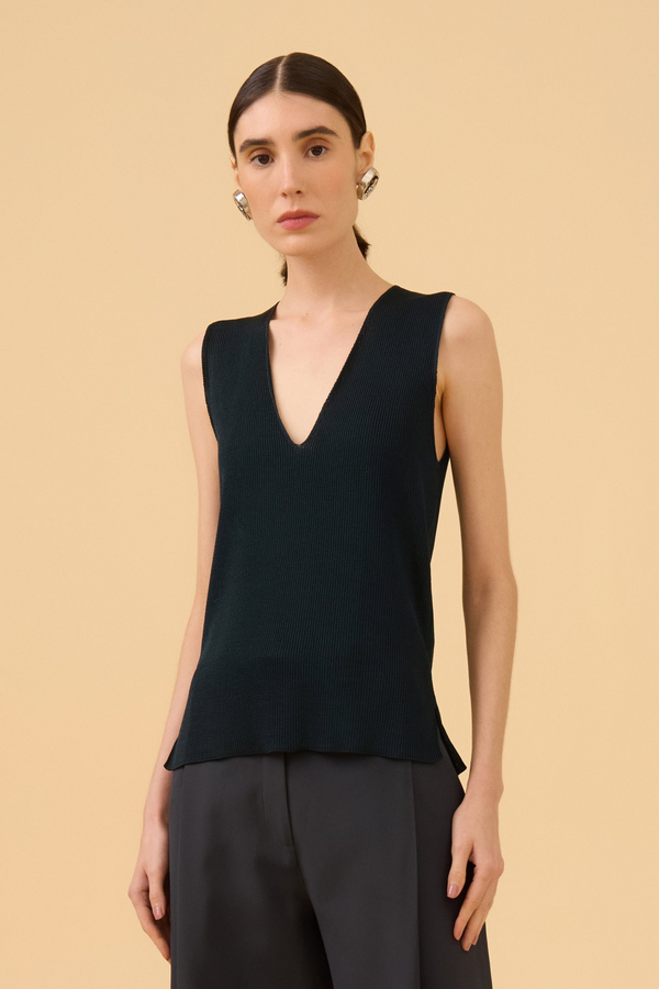 Regata Longa Em Tricot Falso Canelado Preto
