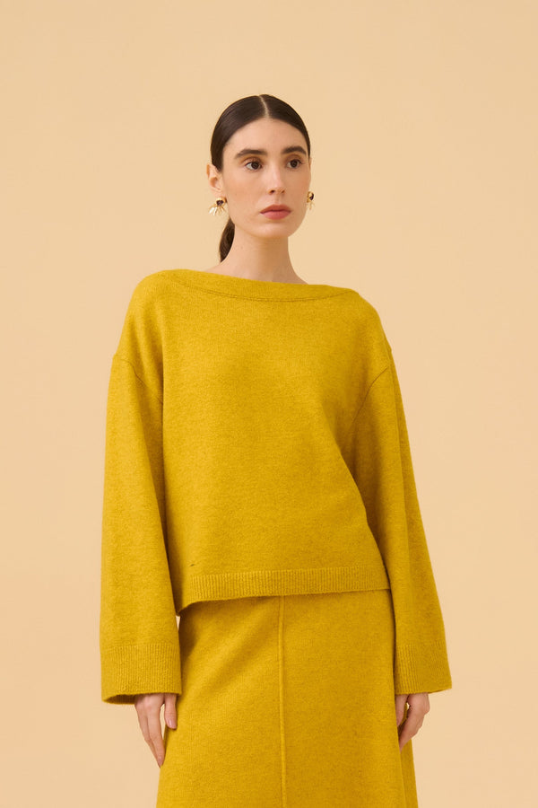 Blusa Manga Longa Decote Bateau Em Tricot Amarelo Sol