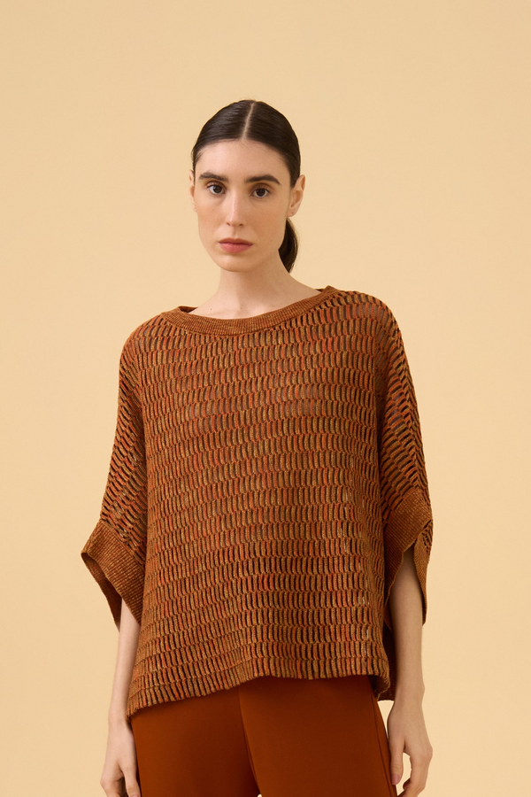 Blusa Ampla Com Transparência Em Tricot Mescla Doce De Leite + Vermelho Scarlat