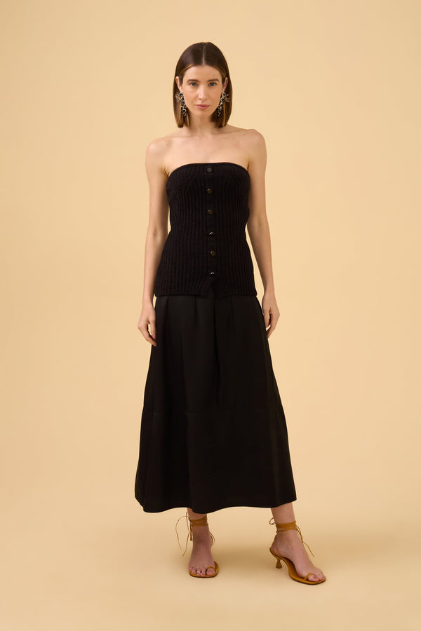 Saia Evasê Longuete Com Pregas Em Tecido Preto