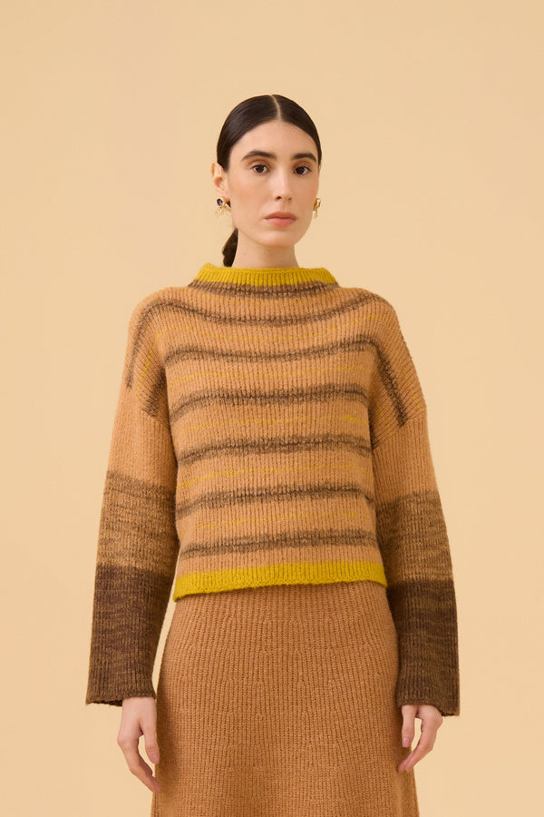 Pullover Gaseado Listrado Em Tricot Comb. Amarelo Sol