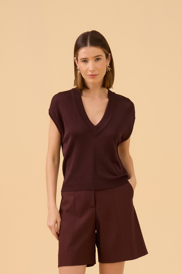 Colete Canelado Em Tricot Dark Brown