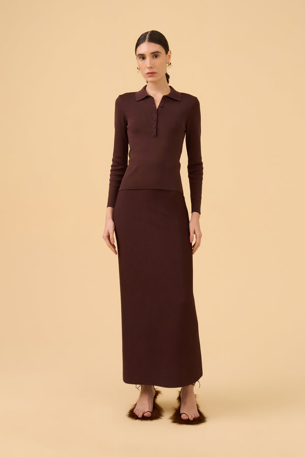 Saia Reta Longuete Em Tricot Dark Brown