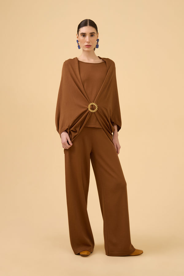 Calça Ampla Em Tricot Mocha Brown