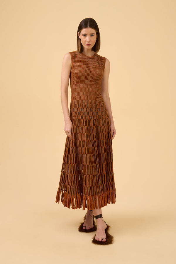 Vestido Longuete Com Transparencia Em Tricot Mescla Doce De Leite + Vermelho Scarlat