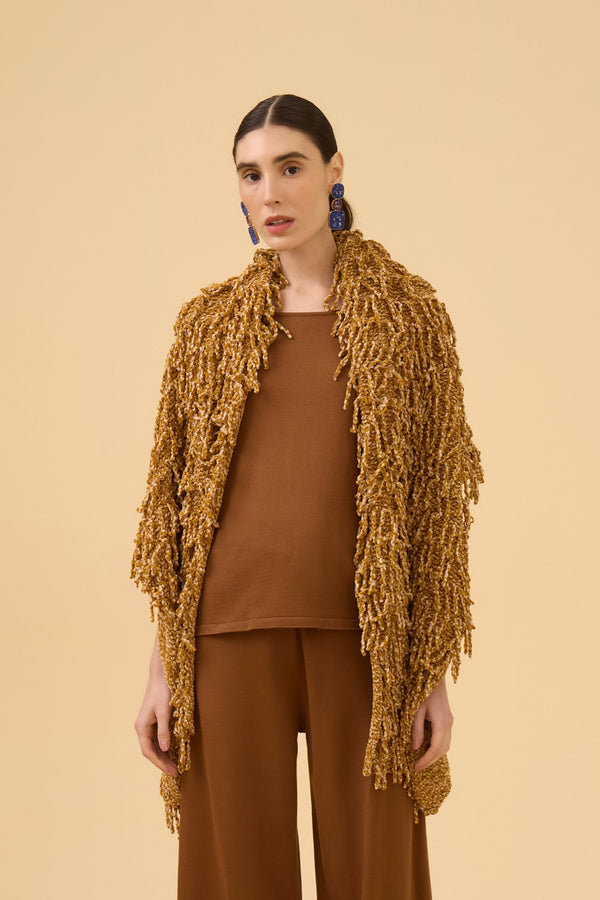 Xale Com Franjas Em Tricot Comb. Azeite