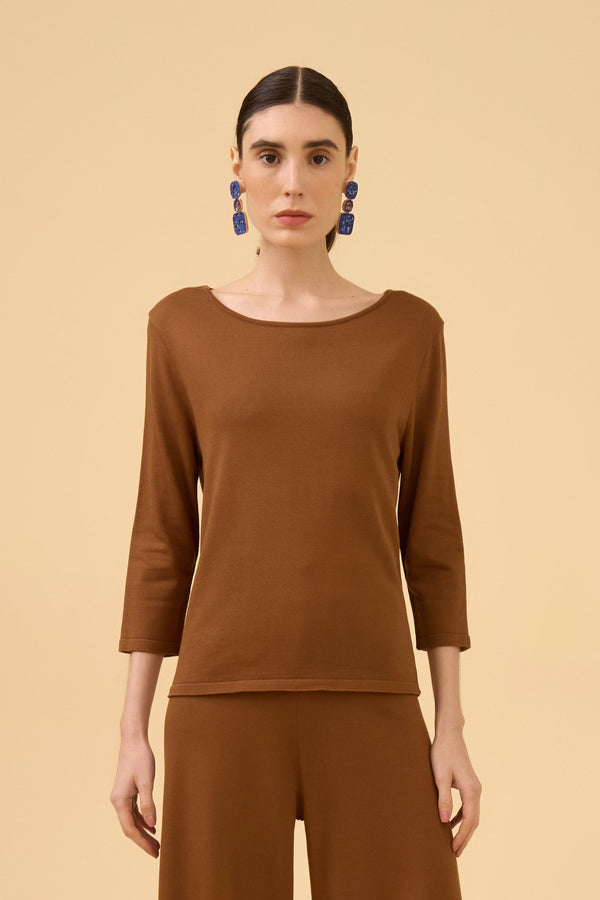 Blusa Manga Longa Decote Canoa Em Tricot Mocha Brown