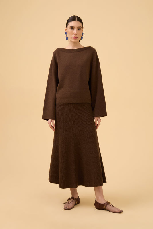 Blusa Manga Longa Decote Bateau Em Tricot Dark Brown