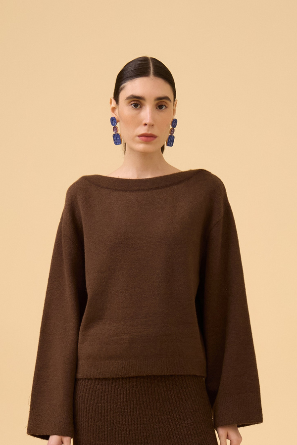 Blusa Manga Longa Decote Bateau Em Tricot Dark Brown