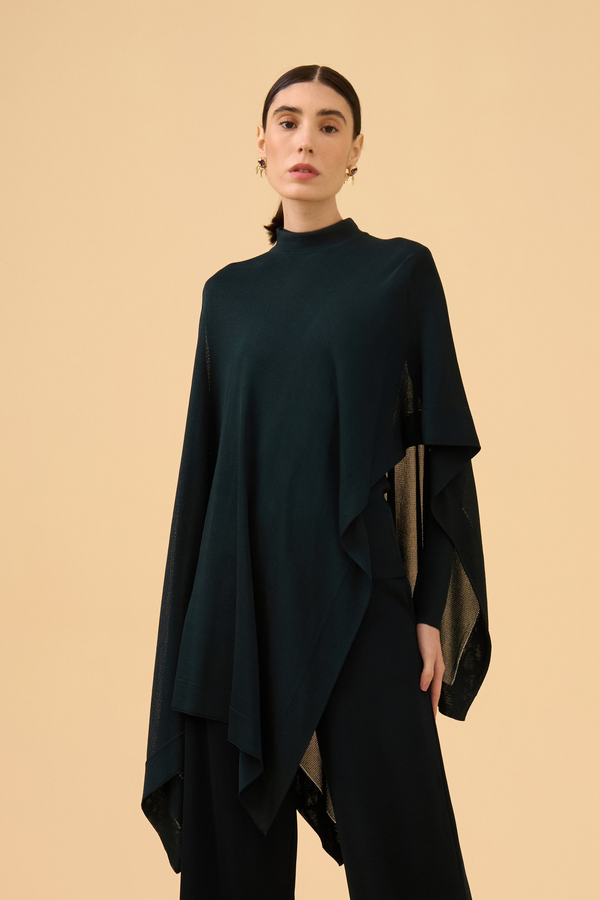 Veste Ampla Assimétrica Gola Alta Em Tricot Preto