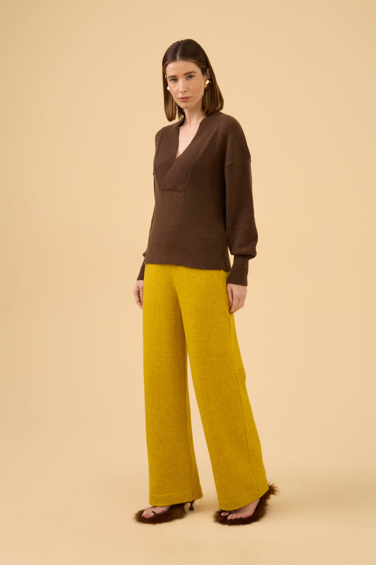 Calça Cós Canelado Em Tricot Amarelo Sol