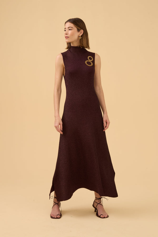 Vestido Midi Barra Assimétrica Em Tricot Lurex Ameixa