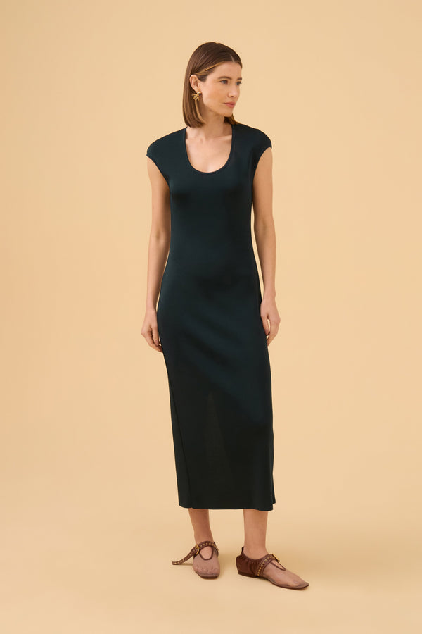 Vestido Longuete Decote Em Tricot Verde Escuro