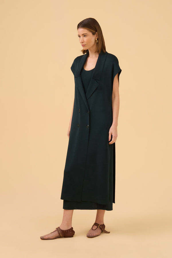 Maxi Colete Com Gola Em Tricot Dark Brown Verde Escuro