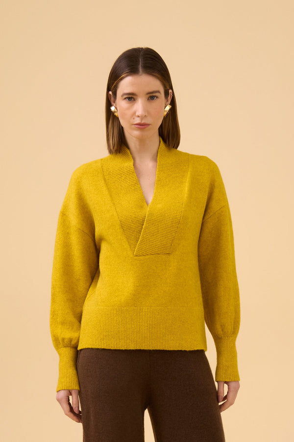 Blusa Manga Longa Decote V Em Tricot Amarelo Sol