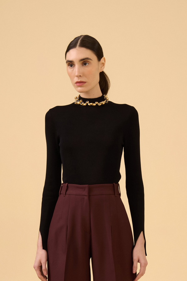 Blusa Manga Longa Mescla Gola Alta Em Tricot Preto Mescla