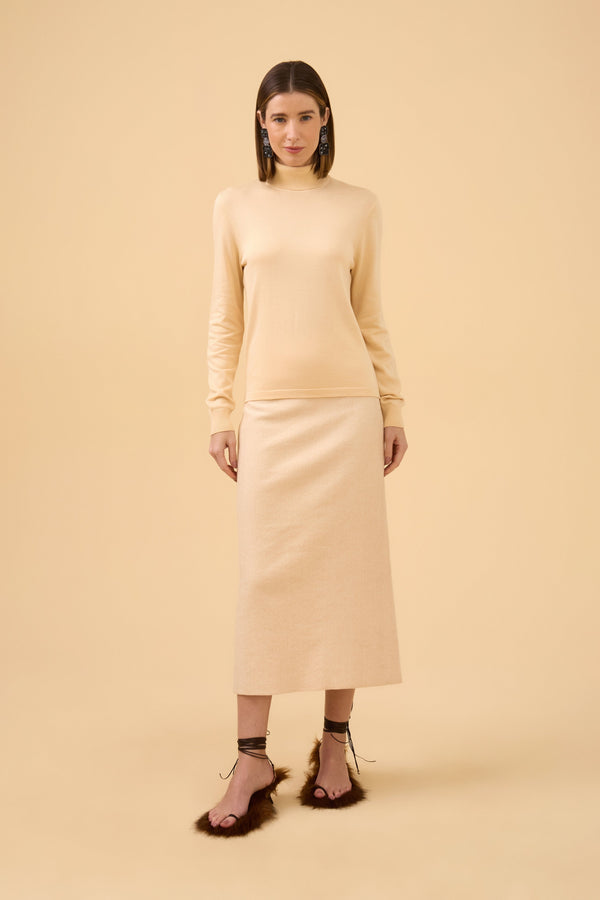 Saia Reta Longuete Em Tricot Bege Champagne