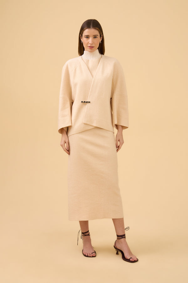 Saia Reta Midi Tweed Leve Em Tricot Comb. Off White
