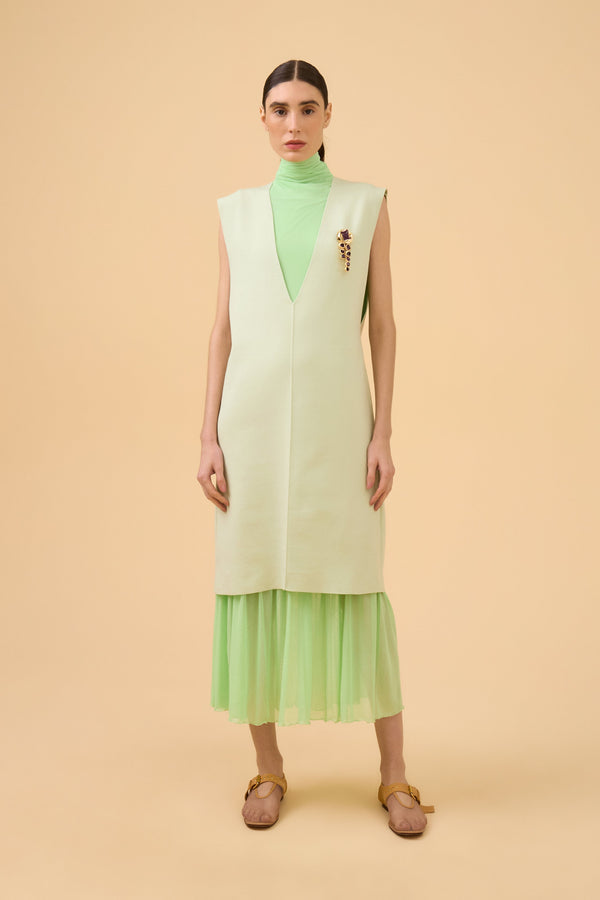 Conjunto De Vestido Midi Liso Com Vestido Sobreposição Em Tricot Verde Claro