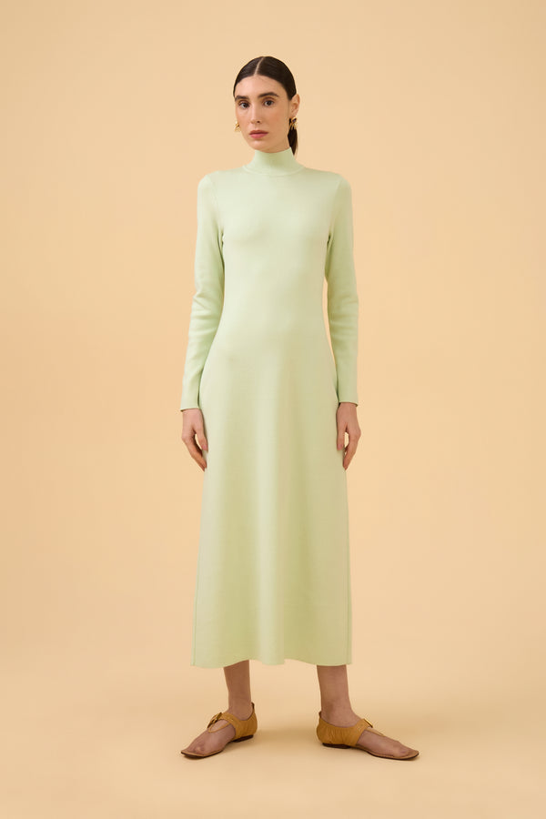 Vestido Longo Manga Longa Gola Alta Em Tricot Verde Claro