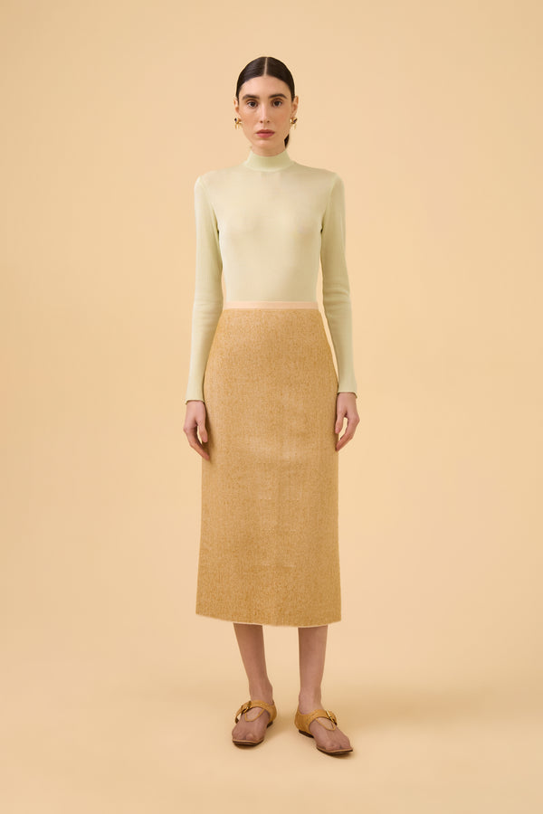 Saia Reta Midi Tweed Leve Em Tricot Comb. Azeite