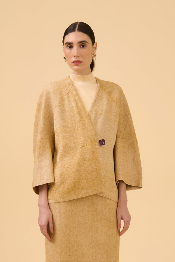 Casaco Curto Tweed Leve Em Tricot Comb. Azeite