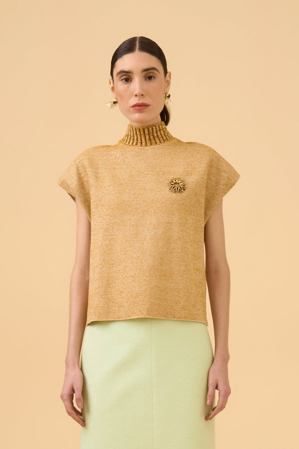 Blusa Gola Alta Tweed Leve Em Tricot Comb. Azeite