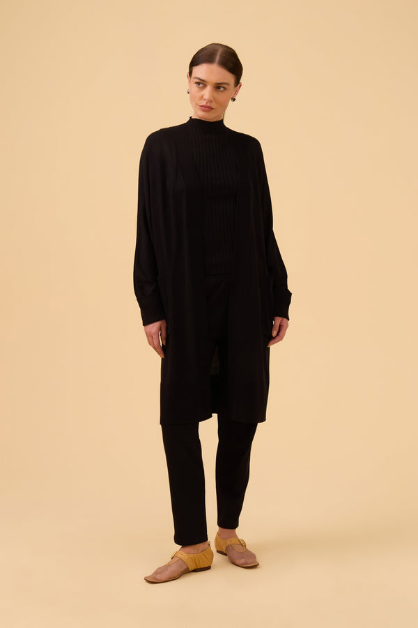 Maxi Casaco Com Acabamento Canelado Em Tricot Preto