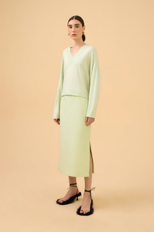 Blusa Manga Longa Decote V Em Tricot Verde Claro