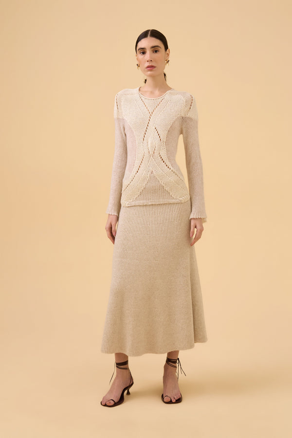 Saia Midi Evasê Em Tricot Papiro
