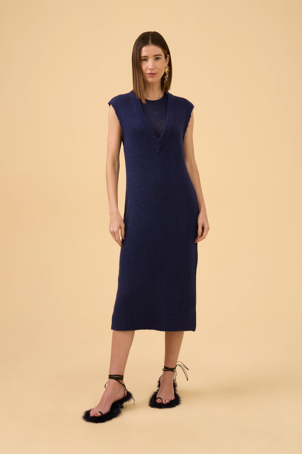 Vestido Maxi Decotado Em Tricot Purple Blue