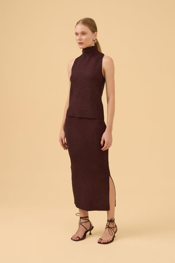 Saia Midi Reta Em Tricot Lurex Ameixa