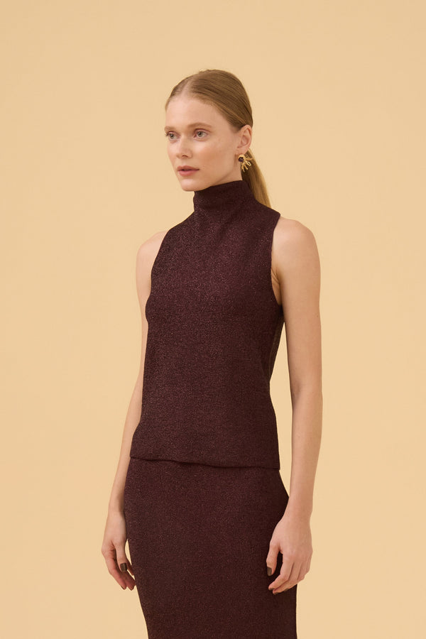 Blusa Sem Mangas Gola Alta Em Tricot Lurex Ameixa