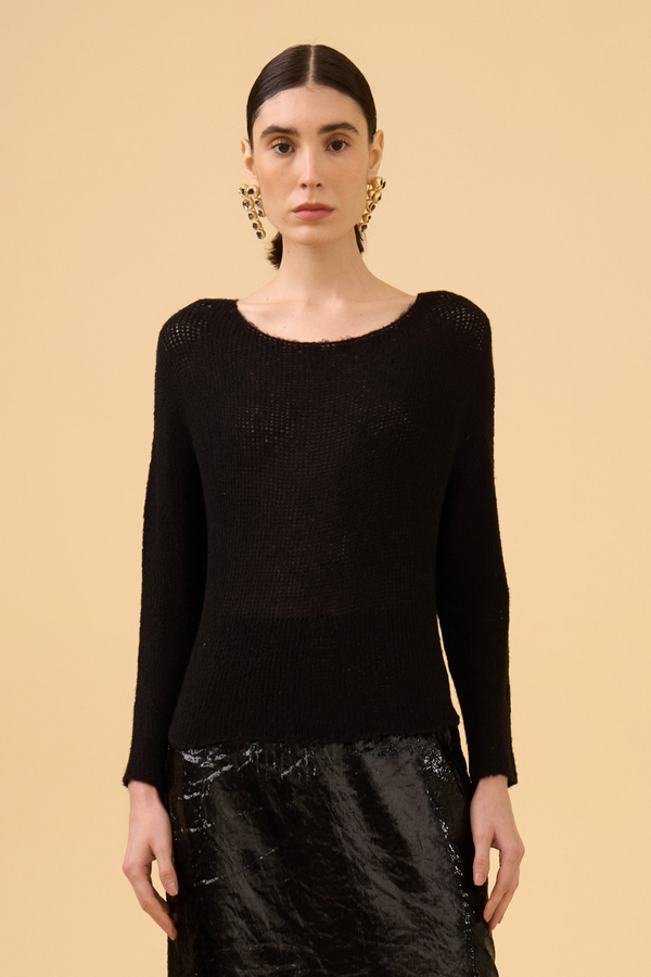 Blusa Decote Canoa Gaseada Em Tricot Preto
