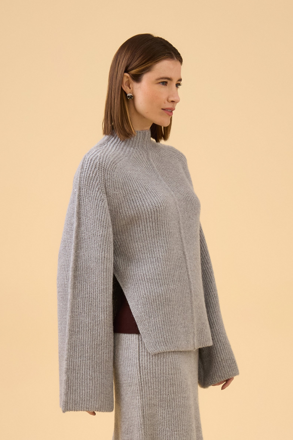 Pullover Com Abertura Lateral Em Tricot Cinza Mescla