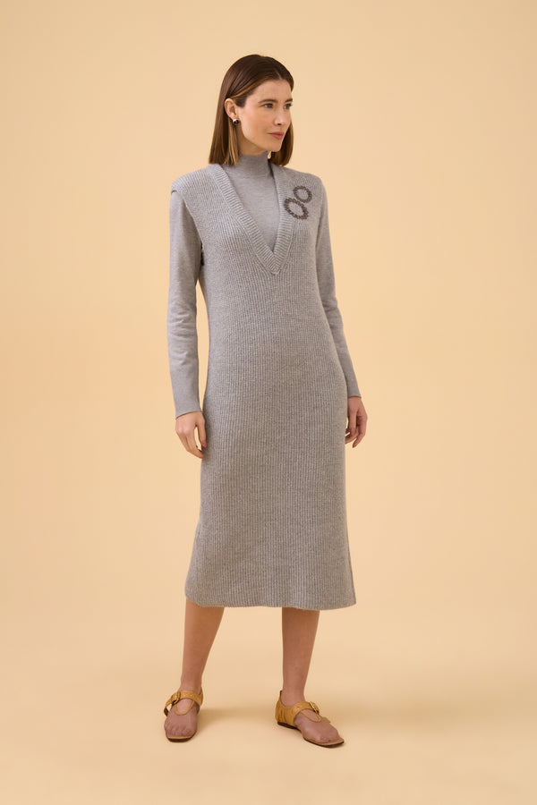 Conjunto Vestido Maxi Decotado Em Tricot Cinza Mescla
