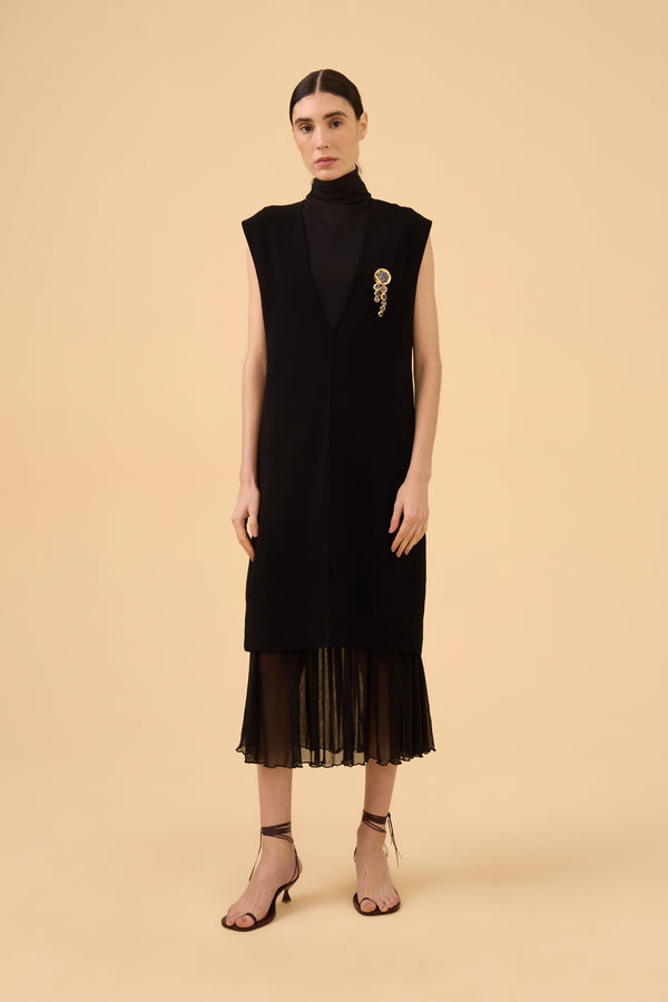 Conjunto De Vestido Midi Liso Com Vestido Sobreposição Em Tricot Preto