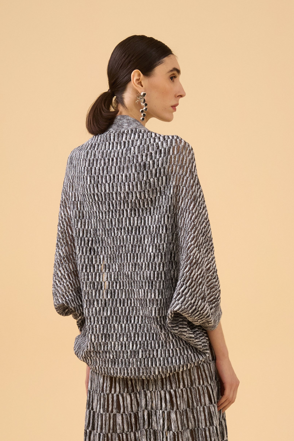Casulo Ponto Geométrico Mescla Com Transparencia Em Tricot Mescla Off White + Preto