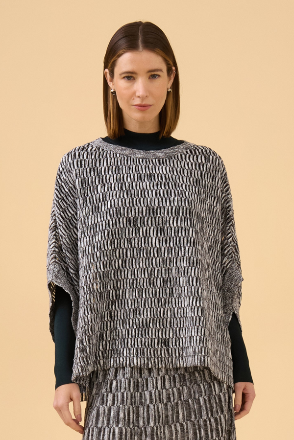 Blusa Ampla Com Transparência Em Tricot Mescla Off White + Preto