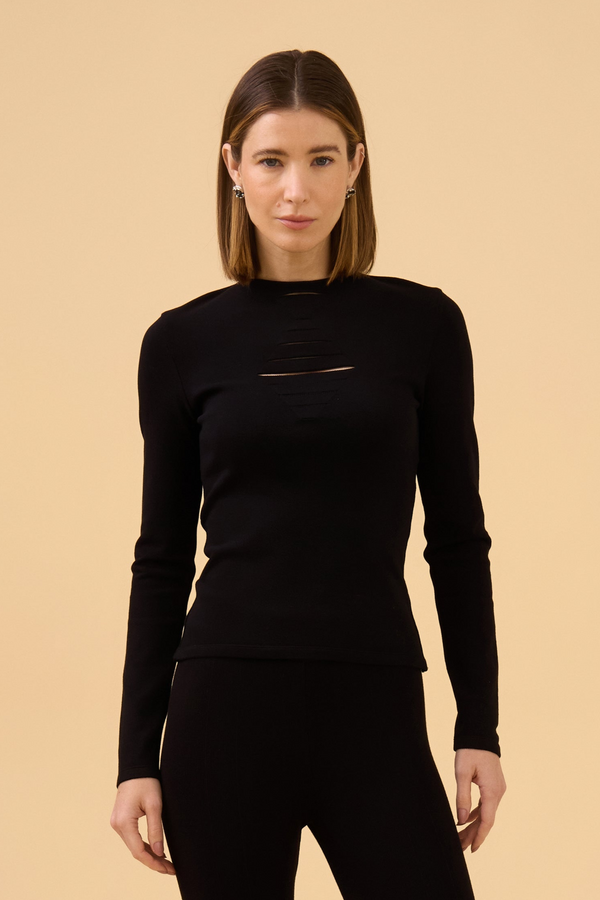 Blusa Manga Longa Detalhes Vazados Em Tricot