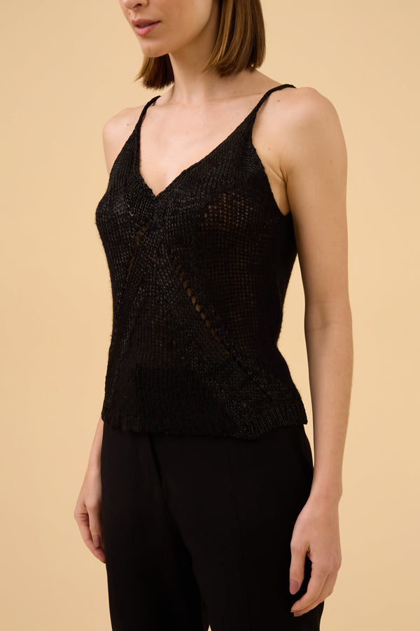 Blusa De Alças Mix De Fios Em Tricot Preto