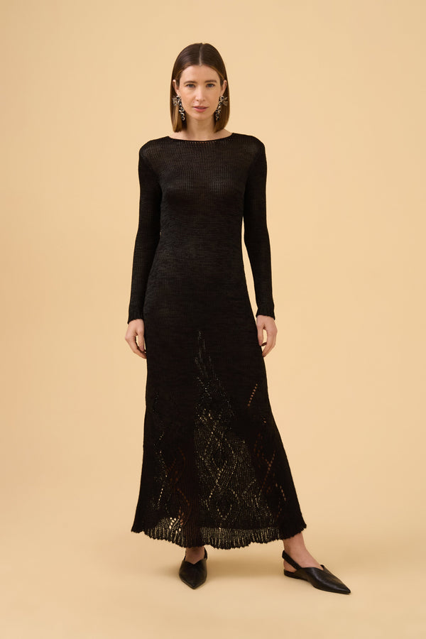 Vestido Longo Manga Longa Mix De Fios Em Tricot Preto