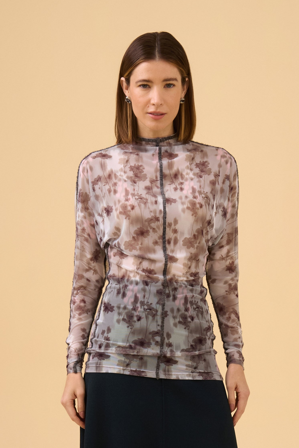 Blusa Alongada Manga Longa Em Tule Estampado Light Gray