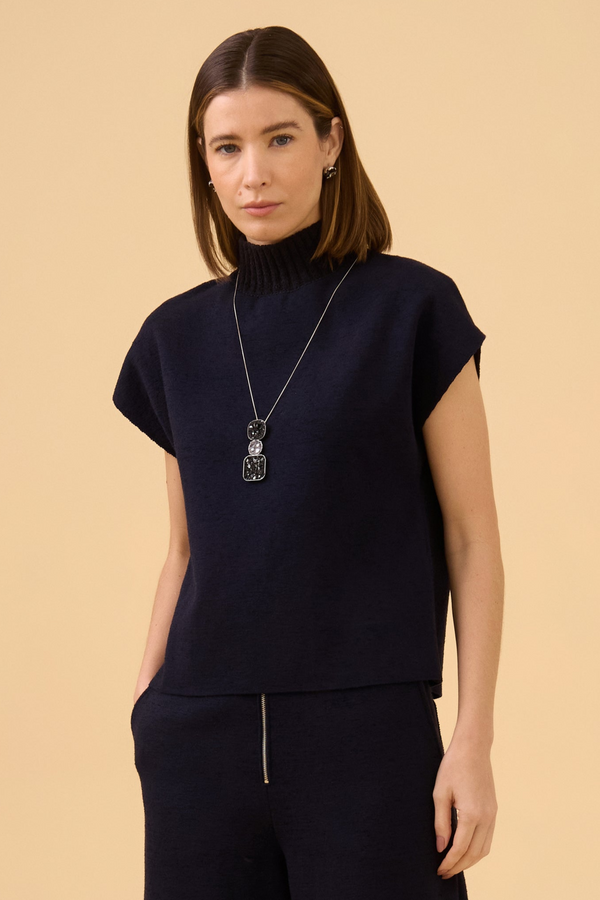 Blusa Gola Alta Tweed Leve Em Tricot Comb. Purple Blue