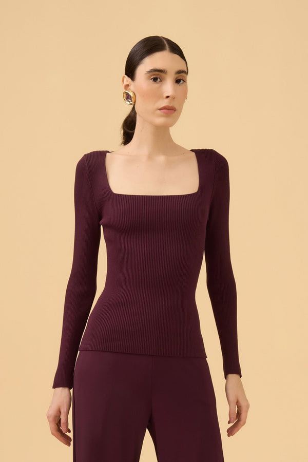 Blusa Manga Longa Decote Quadrado Em Tricot Ameixa