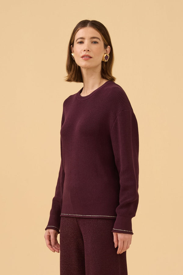 Pullover Amplo Com Detalhe A Mão Em Tricot Ameixa