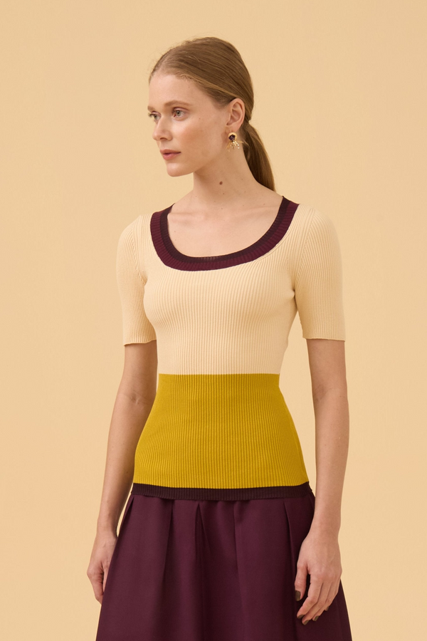 Blusa Manga Curta Tricolor Em Tricot Ameixa