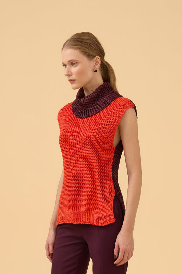 Colete Bicolor Em Tricot Vermelho Scarlat/ameixa